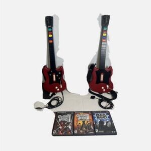 Red Guitar Hero / Rock Band Wired Controllers with Games Bundle